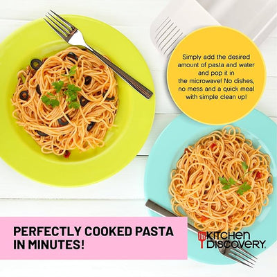 Microwave Pasta Cooker- No Waiting, No Mess, No Stick Microwave Pasta Cooker with Strainer Lid Ready In As Little As 10 Minutes for up to 4 Servings- Microwave Spaghetti and Noodle Cooker