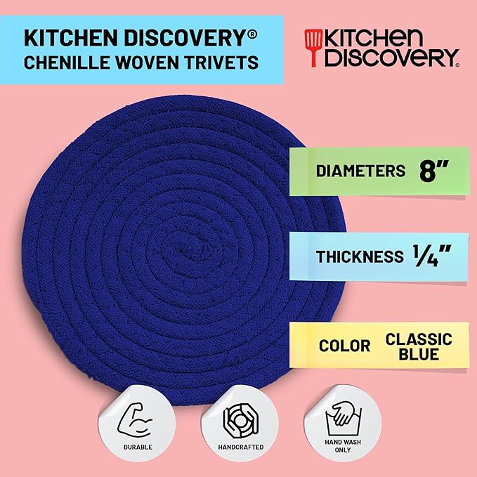 Trivets for Hot Pots and Pans - Kitchen Discovery 8" Chenille Trivets - Set of 3 Large Woven Hot Pan Holders. Decorative Dining Table Accessories Protect Table, Countertop, or Island, Classic Blue