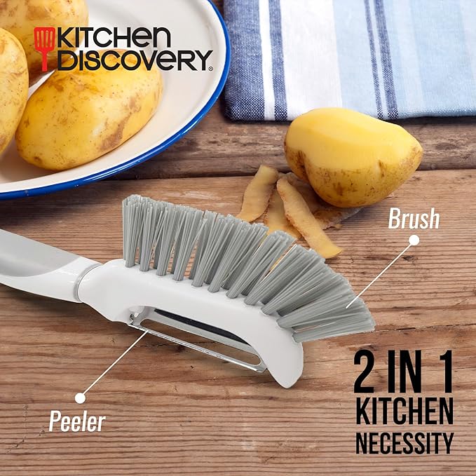 Vegetable Peeler with Brush – Kitchen Discovery – Ergonomic Veggie Peeler with Scrubber Brush for Easy Peeling and Cleaning – Built-in Brush Lifts Soil and Dirt and Helps Remove Waxy Coatings Visit the Kitchen Discovery Store