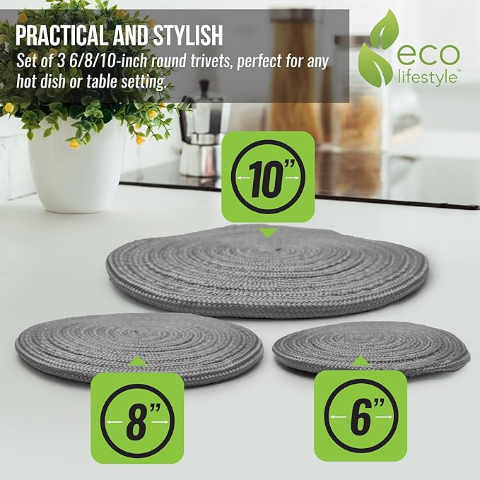 Recycled Woven Trivets – Eco Lifestyle – Set of 3 Round Placemats in 6, 8, and 10 Inch Sizes for Hot Pots and Pans Made Completely from Recycled Materials – Woven Trivets for Hot Dishes - Charcoal