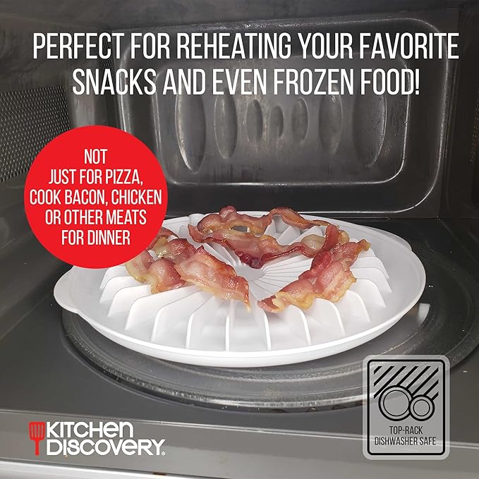 Kitchen Discovery Microwave Pizza Reheater Tray Reuseable Plate for Bacon, Snacks in the Microwave Oven - Safe, BPA-Free Round Pizza Pan for Cooking, Reheating