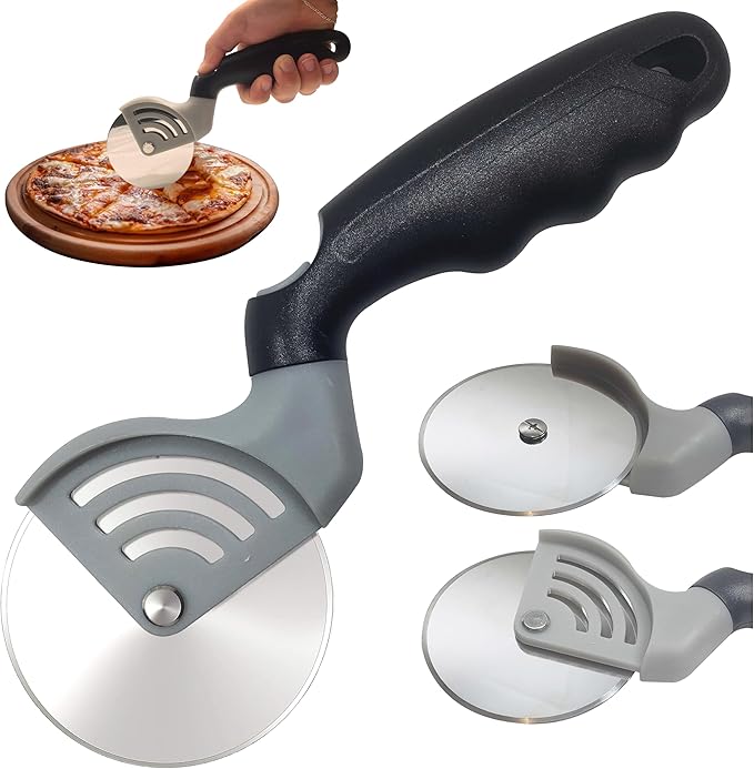 Stainless Steel Pizza Cutter – Kitchen Discovery – Pizza Wheel Cutter Slices Cleanly Through Gooey Cheese, Thick Toppings and Crispy Crust – Built In Safety Features Protect Hands