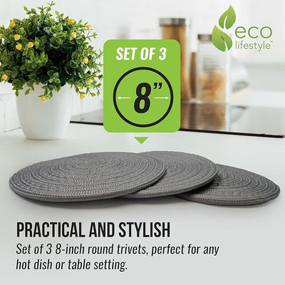 8 Inch Recycled Woven Trivets – Eco Lifestyle – Set of 3 Placemats for Hot Pots and Pans Made Completely from Recycled Materials – Woven Trivets for Hot Dishes - Charcoal Gray