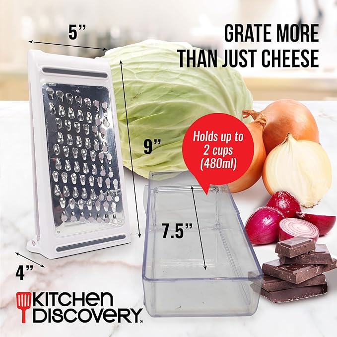 Cheese Grater with Bin – Kitchen Discovery – Grate and Measure Without Mess – Cheese and Vegetable Grater Shredder Works Vertically or Horizontally and in Both Directions to Grate Twice as Fast