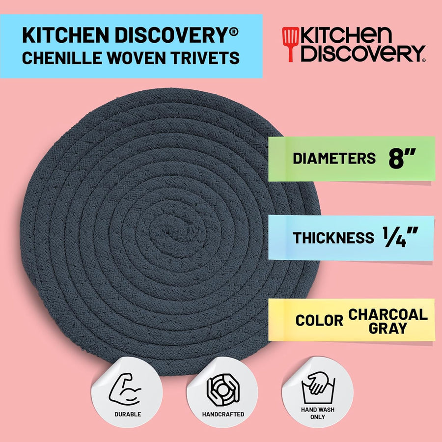 Trivets for Hot Pots and Pans - Kitchen Discovery 8" Chenille Trivets - Set of 3 Large Woven Hot Pan Holders. Decorative Dining Table Accessories Protect Table, Countertop, or Island, Charcoal Gray