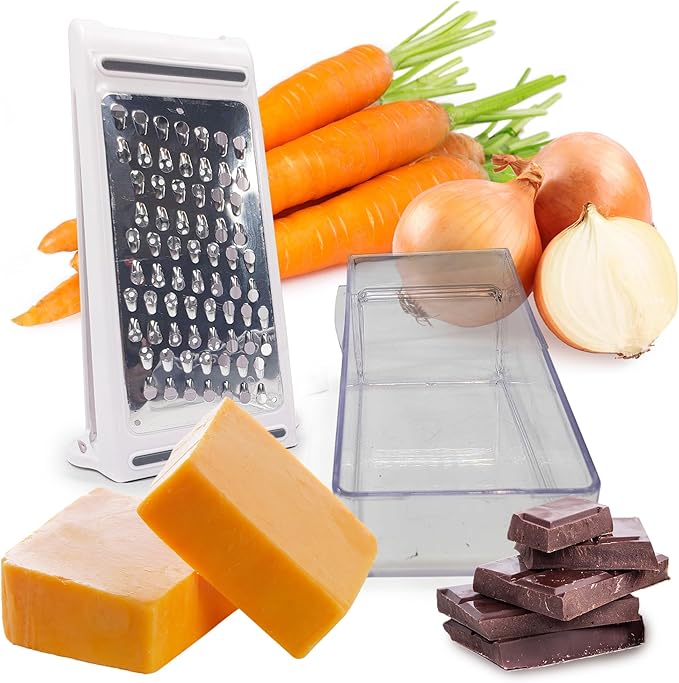 Cheese Grater with Bin – Kitchen Discovery – Grate and Measure Without Mess – Cheese and Vegetable Grater Shredder Works Vertically or Horizontally and in Both Directions to Grate Twice as Fast