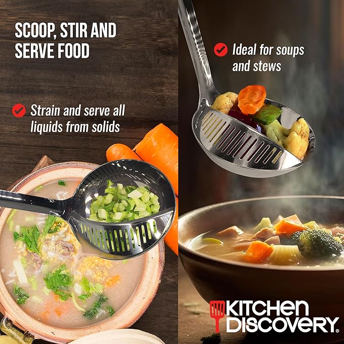 Kitchen Straining Tools Examples Stainless Steel Straining Ladle – Kitchen Discovery – 2 in 1 Strainer ...