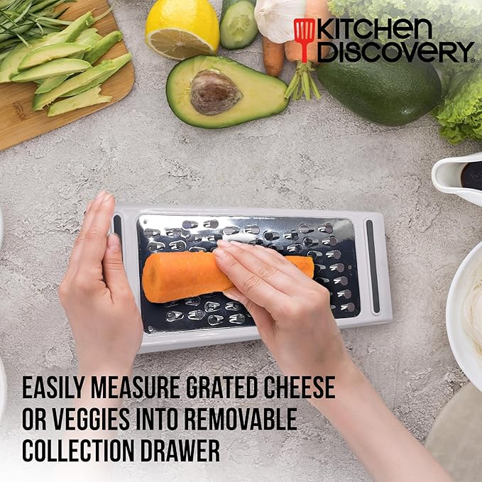 Cheese Grater with Bin – Kitchen Discovery – Grate and Measure Without Mess – Cheese and Vegetable Grater Shredder Works Vertically or Horizontally and in Both Directions to Grate Twice as Fast