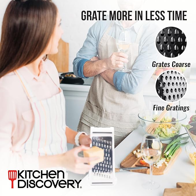 Cheese Grater with Bin – Kitchen Discovery – Grate and Measure Without Mess – Cheese and Vegetable Grater Shredder Works Vertically or Horizontally and in Both Directions to Grate Twice as Fast