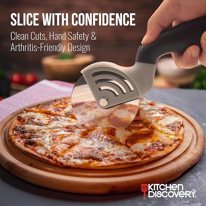 Stainless Steel Pizza Cutter – Kitchen Discovery – Pizza Wheel Cutter Slices Cleanly Through Gooey Cheese, Thick Toppings and Crispy Crust – Built In Safety Features Protect Hands