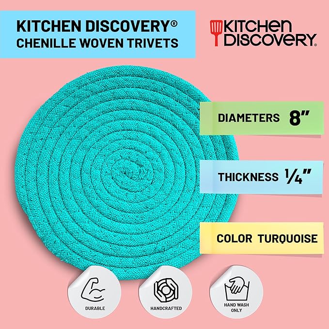 Trivets for Hot Pots and Pans - Kitchen Discovery 8" Chenille Trivets - Set of 3 Large Woven Hot Pan Holders. Decorative Dining Table Accessories Protect Table, Countertop, or Island, Turquoise