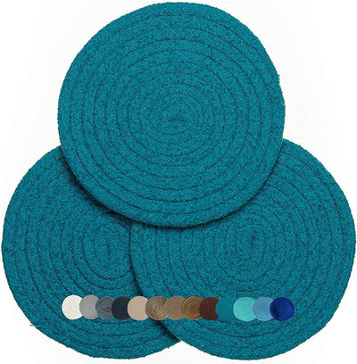 Trivets for Hot Pots and Pans - Kitchen Discovery 8" Chenille Trivets - Set of 3 Large Woven Hot Pan Holders. Decorative Dining Table Accessories Protect Table, Countertop, or Island, Teal