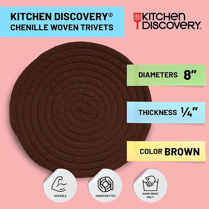 Trivets for Hot Pots and Pans - Kitchen Discovery 8" Chenille Trivets - Set of 3 Large Woven Pot Pads for Serving Hot or Cold Dishes and Protecting Your Table, Countertop or Island, Brown