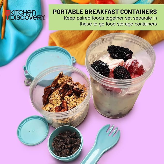 Overnight Oats Containers with Lids-Kitchen Discovery–Reusable Yogurt Containers with Lids and Spoon–Oatmeal Cups with Lids, Yogurt Parfait Cups with Lids. Portable Yogurt Cups for Granola and Fruit