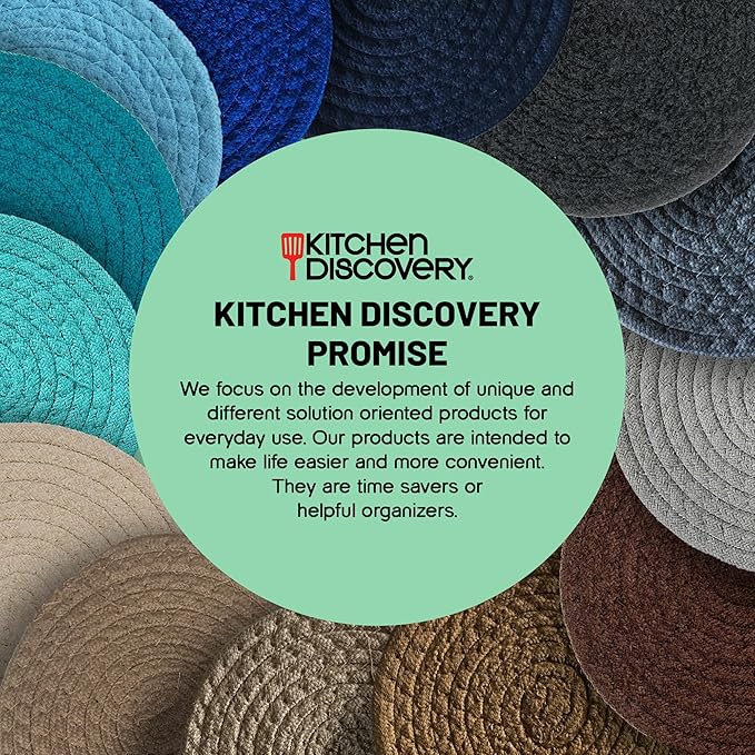 Trivets for Hot Pots and Pans - Kitchen Discovery 8" Chenille Trivets - Set of 3 Large Woven Pot Pads for Serving Hot or Cold Dishes and Protecting Your Table, Countertop or Island, Faded Denim