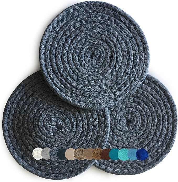 Trivets for Hot Pots and Pans - Kitchen Discovery 8" Chenille Trivets - Set of 3 Large Woven Hot Pan Holders. Decorative Dining Table Accessories Protect Table, Countertop, or Island, Charcoal Gray