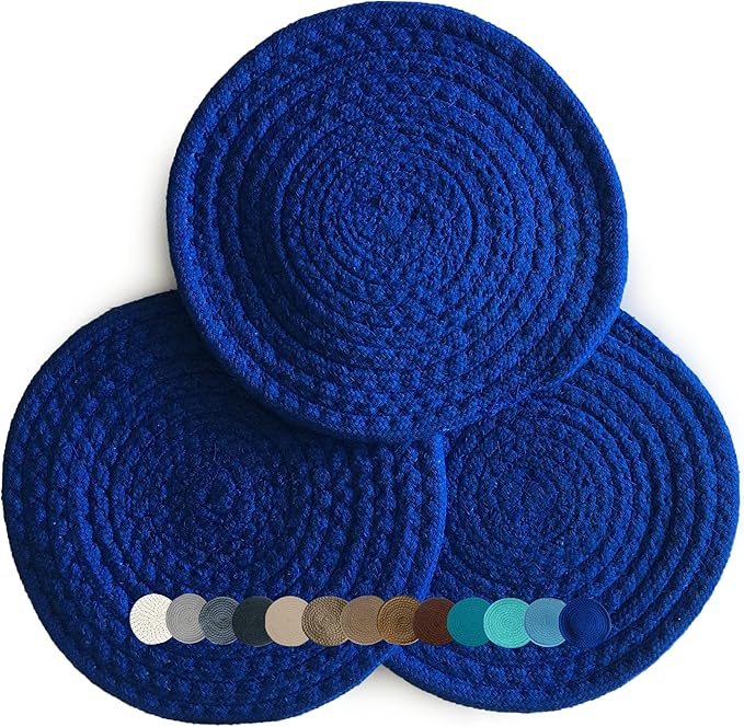 Trivets for Hot Pots and Pans - Kitchen Discovery 8" Chenille Trivets - Set of 3 Large Woven Hot Pan Holders. Decorative Dining Table Accessories Protect Table, Countertop, or Island, Classic Blue