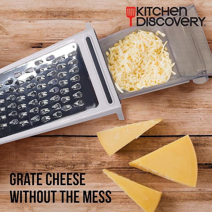 Cheese Grater with Bin – Kitchen Discovery – Grate and Measure Without Mess – Cheese and Vegetable Grater Shredder Works Vertically or Horizontally and in Both Directions to Grate Twice as Fast