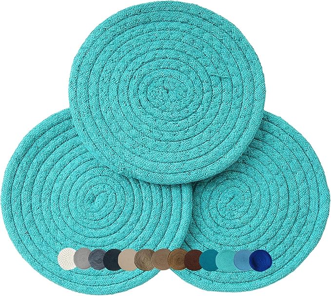 Trivets for Hot Pots and Pans - Kitchen Discovery 8" Chenille Trivets - Set of 3 Large Woven Hot Pan Holders. Decorative Dining Table Accessories Protect Table, Countertop, or Island, Turquoise