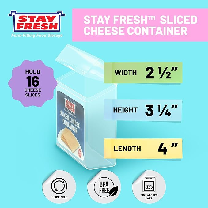 Stay Fresh American Cheese Slice Storage Container Clear Plastic Cheese Slice Holder that is Dishwasher Safe, BPA Free. Air tight Cheese Container for your Pantry, Counter, Refrigerator