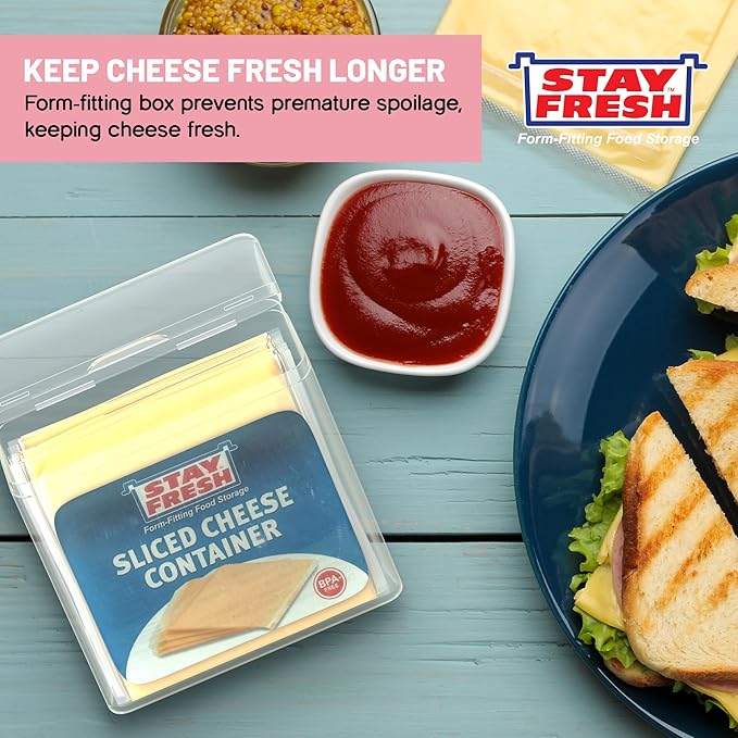 Stay Fresh American Cheese Slice Storage Container Clear Plastic Cheese Slice Holder that is Dishwasher Safe, BPA Free. Air tight Cheese Container for your Pantry, Counter, Refrigerator