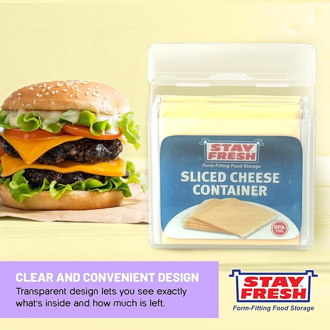 Stay Fresh American Cheese Slice Storage Container Clear Plastic Cheese Slice Holder that is Dishwasher Safe, BPA Free. Air tight Cheese Container for your Pantry, Counter, Refrigerator